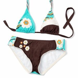 Vintage Y2K Floral Bikini Set – Brown & Turquoise | Low-Rise 2-Piece M